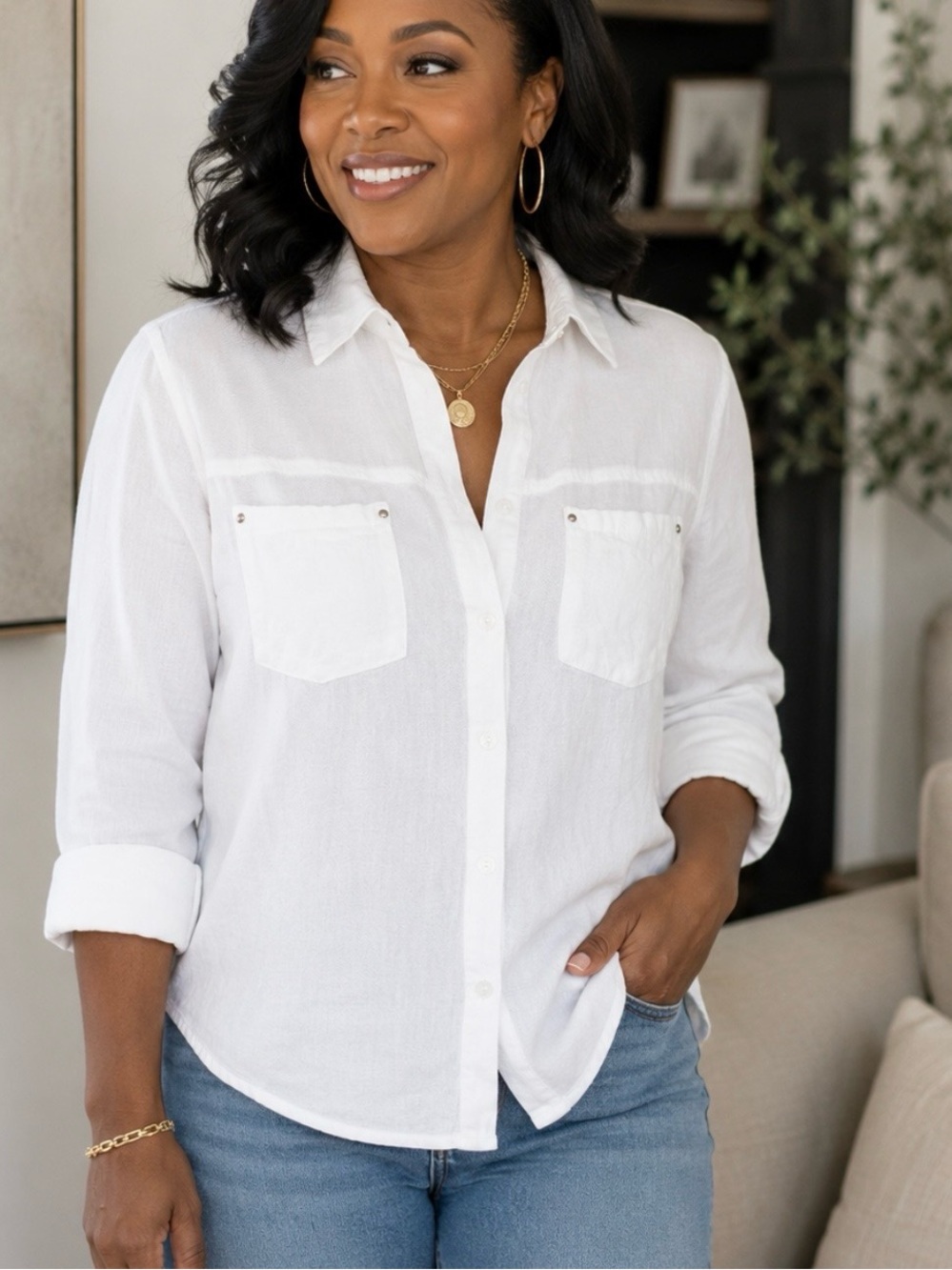 NWOT Maje White 100% Cotton Textured Button Up Long Sleeve Classic Blouse - Sz L